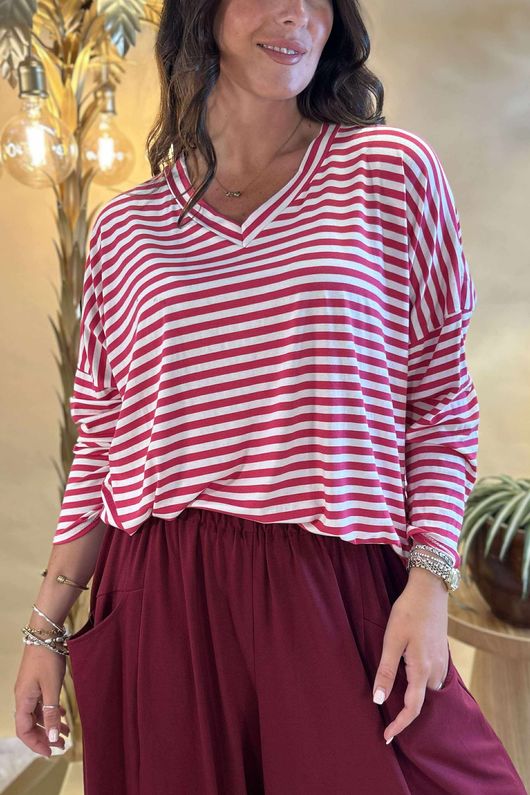 Made in Italy Perfect Breton V Long Sleeve Top Hot Pink /14 =