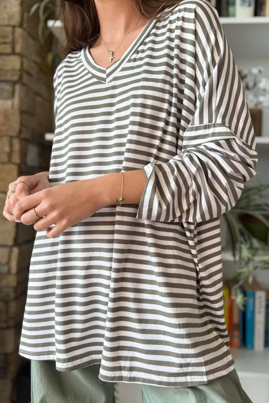  Perfect Breton V Long Sleeve Top Khaki /15