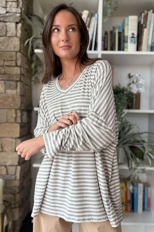  Perfect Breton V Long Sleeve Top Light Grey 