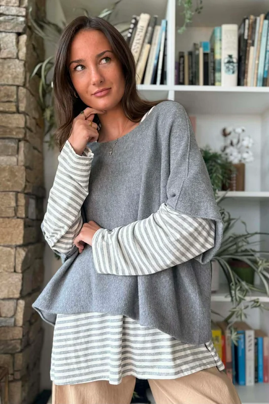  Perfect Breton V Long Sleeve Top Light Grey /10