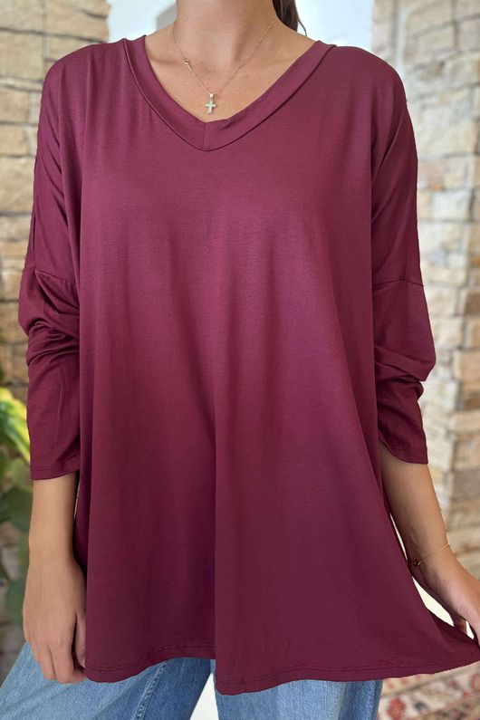 Made in Italy Perfect V Long Sleeve Top Burgundy