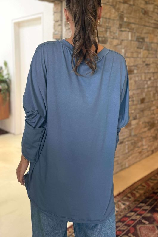 Made in Italy Perfect V Long Sleeve Top Dark Denim