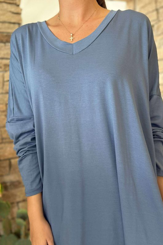 Made in Italy Perfect V Long Sleeve Top Dark Denim