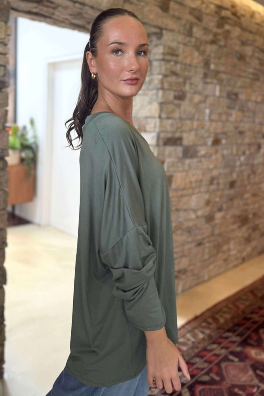 Made in Italy Perfect V Long Sleeve Top Khaki