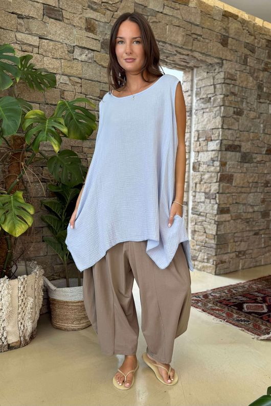 Made in Italy Pia Pillow Cotton Pocketed Dip Side Tank Sky /13