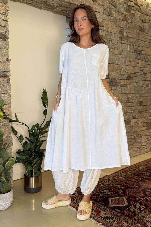 Made in Italy Pure Cotton Adriana Patch Pocket Smock Dress White