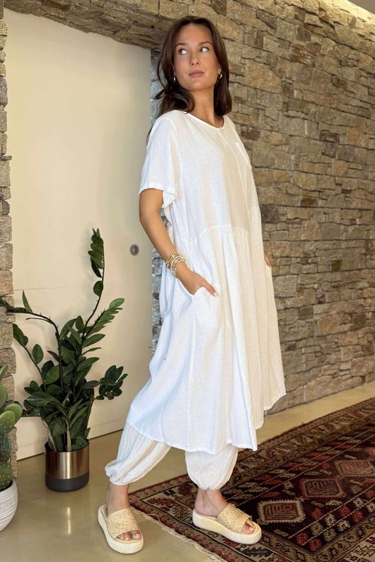 Made in Italy Pure Cotton Adriana Patch Pocket Smock Dress White /10