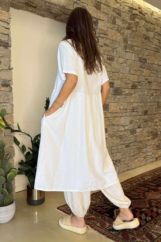 Made in Italy Pure Cotton Adriana Patch Pocket Smock Dress White /10
