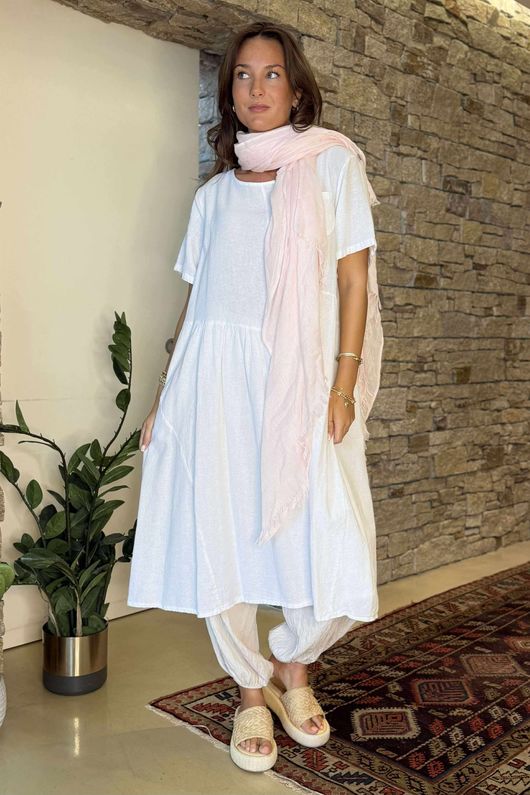 Made in Italy Pure Cotton Adriana Patch Pocket Smock Dress White /10