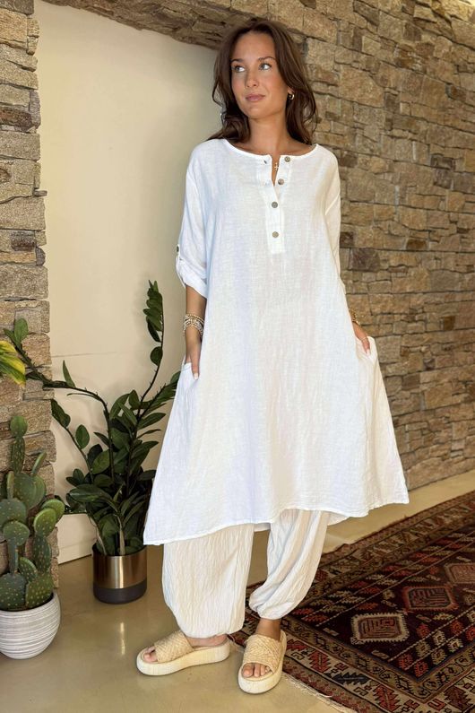  Pure Linen Carla Souk Dress White