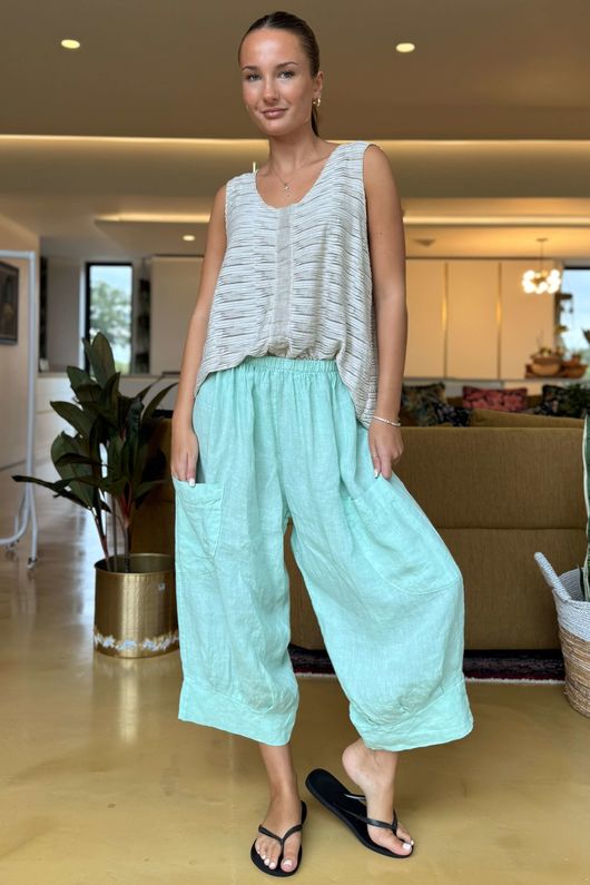 Made in Italy Pure Linen Classic 7/8 Pull On Pant Mint /22 =