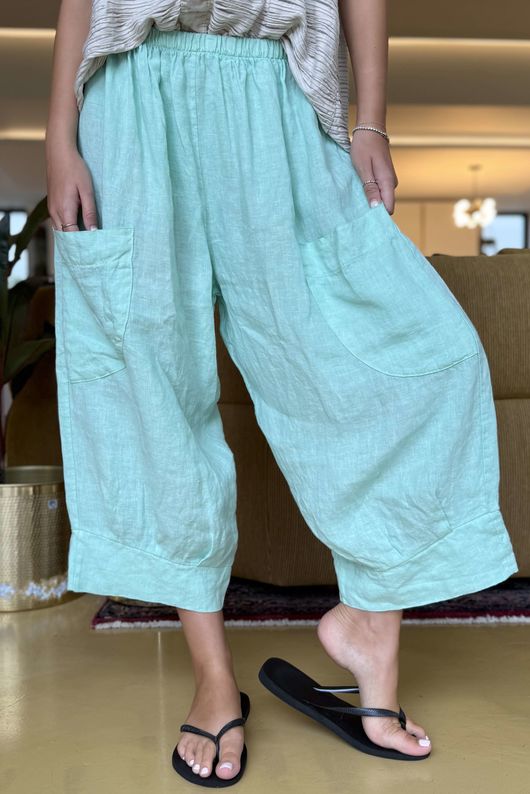 Made in Italy Pure Linen Classic 7/8 Pull On Pant Mint
