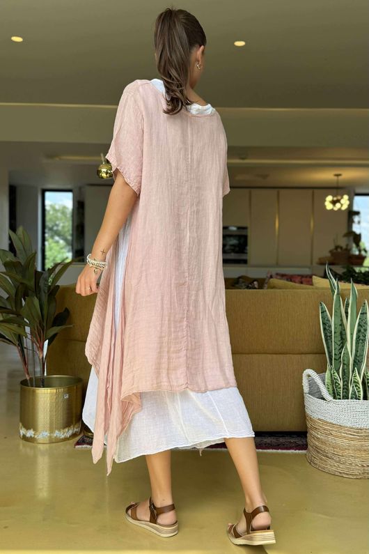 Pure Linen Jensen Two Piece Split Side Dress Small Ballet Rose