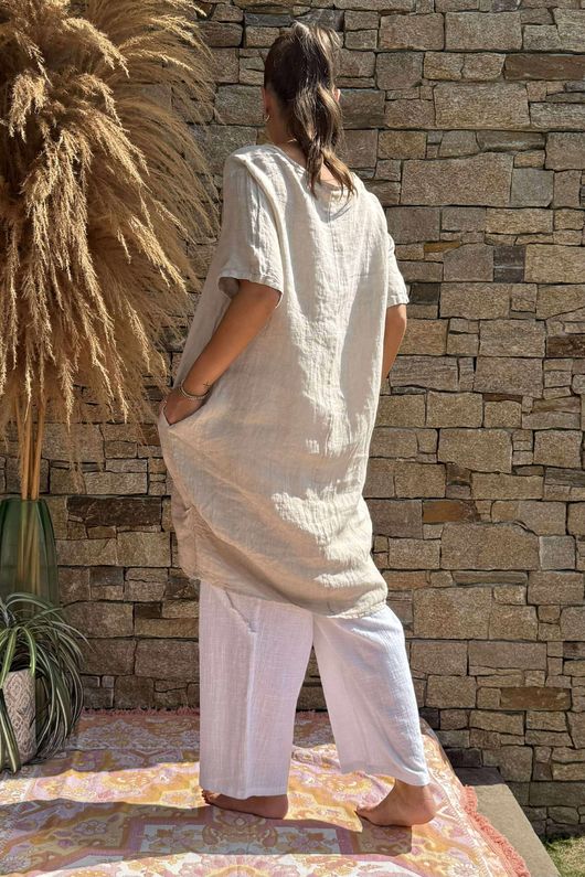 Made in Italy Pure Linen Sac Dress Stone /8 =