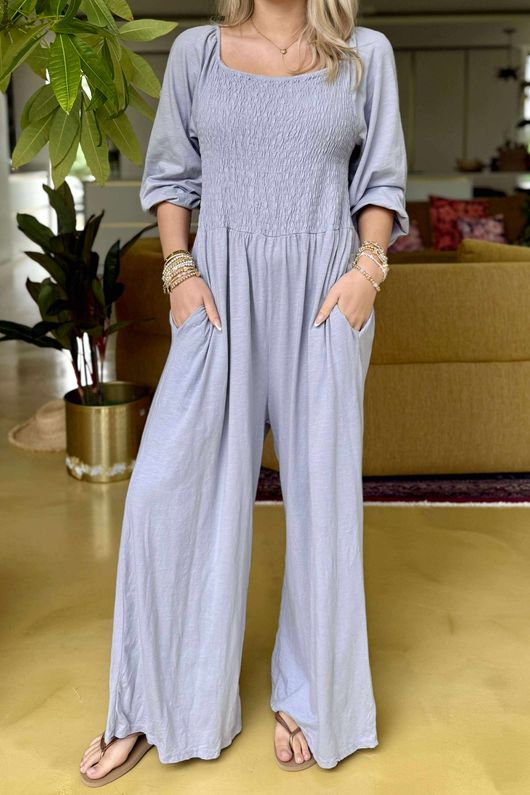 Made in Italy Rumours Pocketed Shirring Jumpsuit Dove Grey 