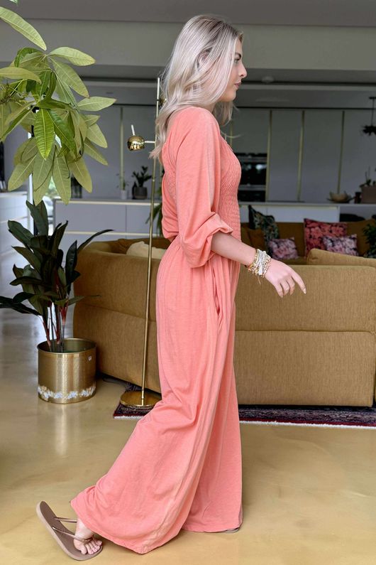 Made in Italy Rumours Pocketed Shirring Jumpsuit Sunset Orange 