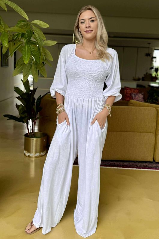 Made in Italy Rumours Pocketed Shirring Jumpsuit White 