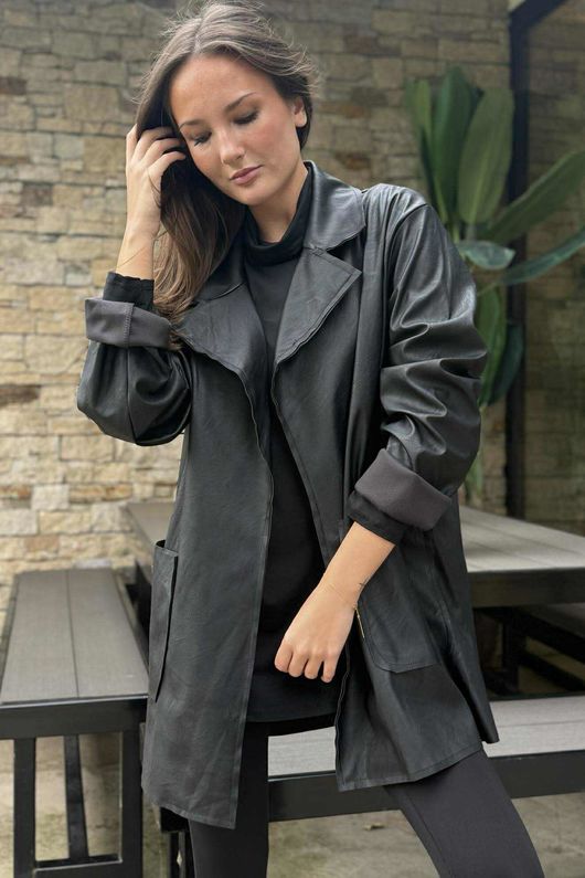 Made in Italy Runa Leather Look Relaxed Blazer Black - 