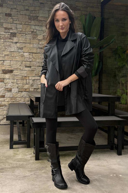 Made in Italy Runa Leather Look Relaxed Blazer Black - 