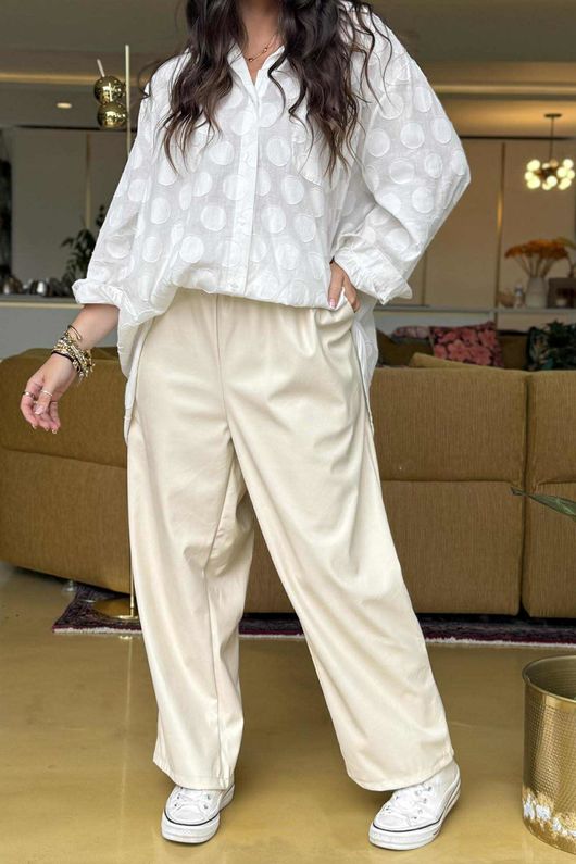 Made in Italy Runa Leather Look Tapered Barrel Pant Ecru `-