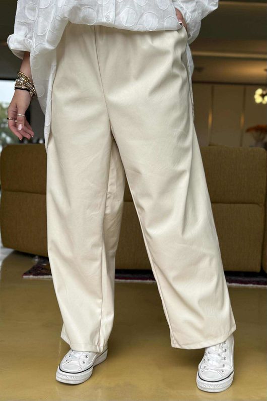 Made in Italy Runa Leather Look Tapered Barrel Pant Ecru `-