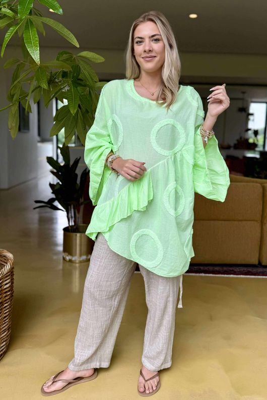 Made in Italy Sa Caleta Circle Smock Top Washed Twist Of Lime /7 =