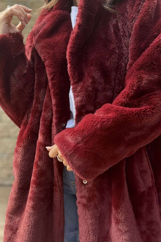Mara Luxury Faux Fur Long Coat Burgundy