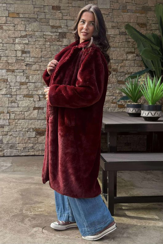 Mara Luxury Faux Fur Long Coat Burgundy