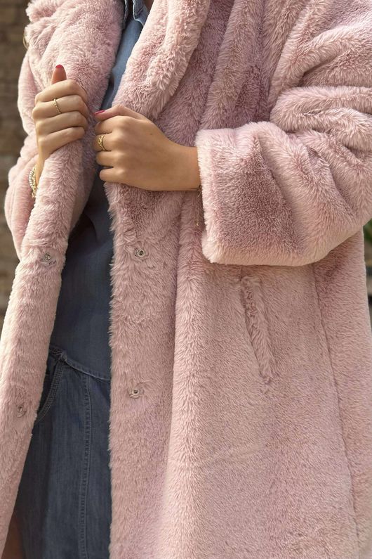 Mara Luxury Faux Fur Long Coat Dusky Rose