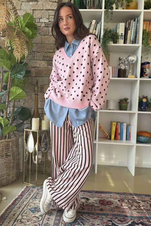 Marlow Stripe Wide Leg Lounge Trouser Pink Chocolate /2=