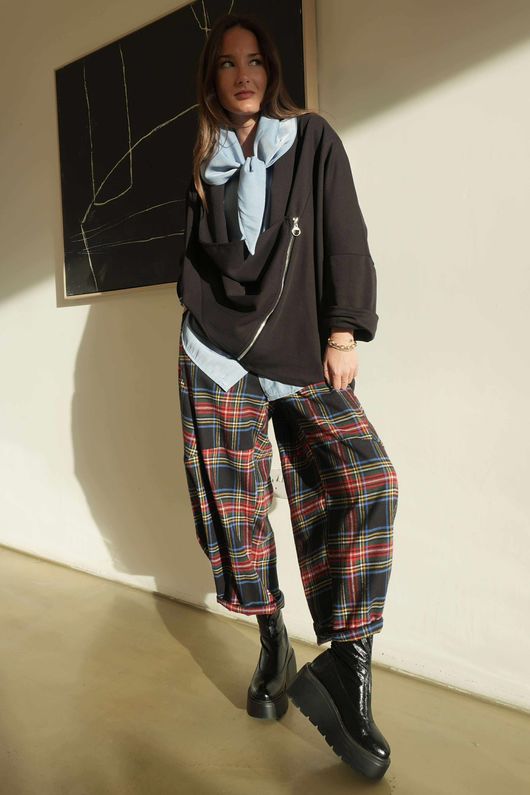 McAlister Tartan Brushed Cotton Barrel Pant Black