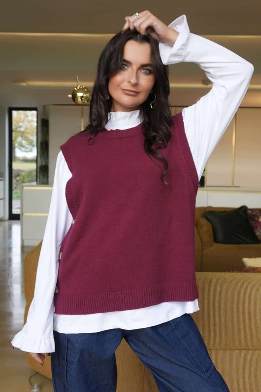 Meridith Button Side Knit Burgundy /23=