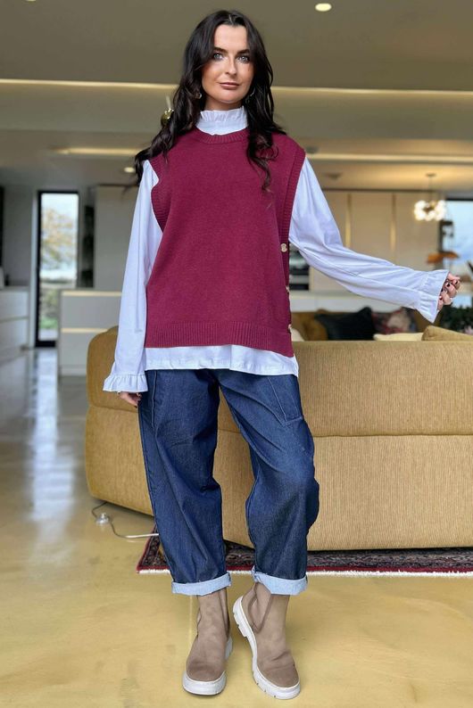 Meridith Button Side Knit Burgundy /23=