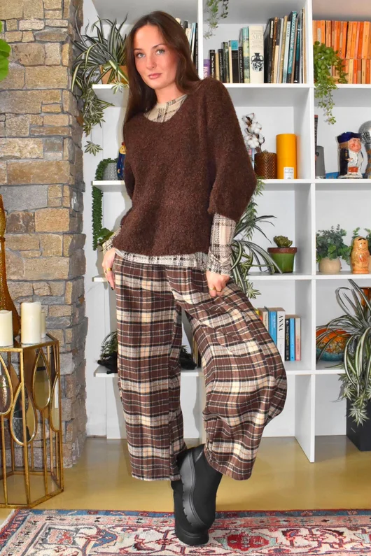 Mika Cashmere Blend Layering Top Plaid Stone