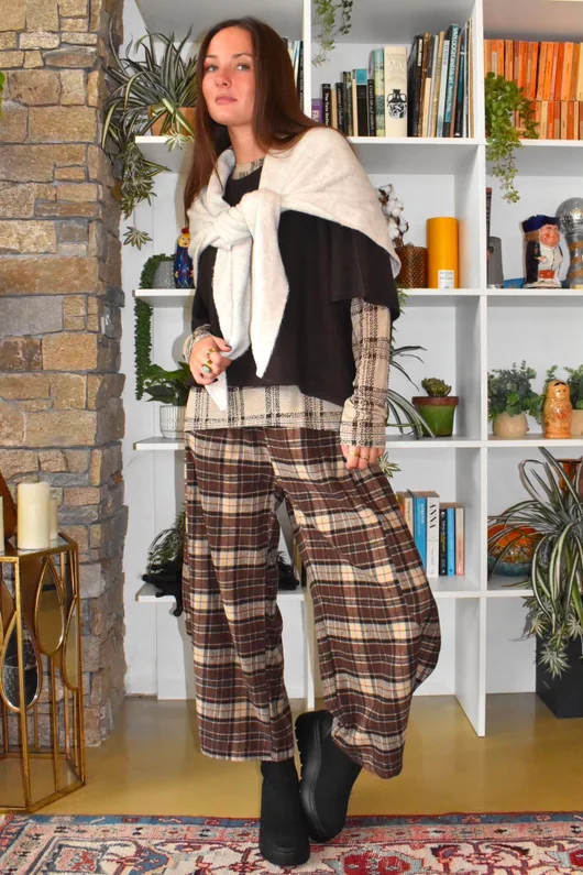 Mika Cashmere Blend Layering Top Plaid Stone
