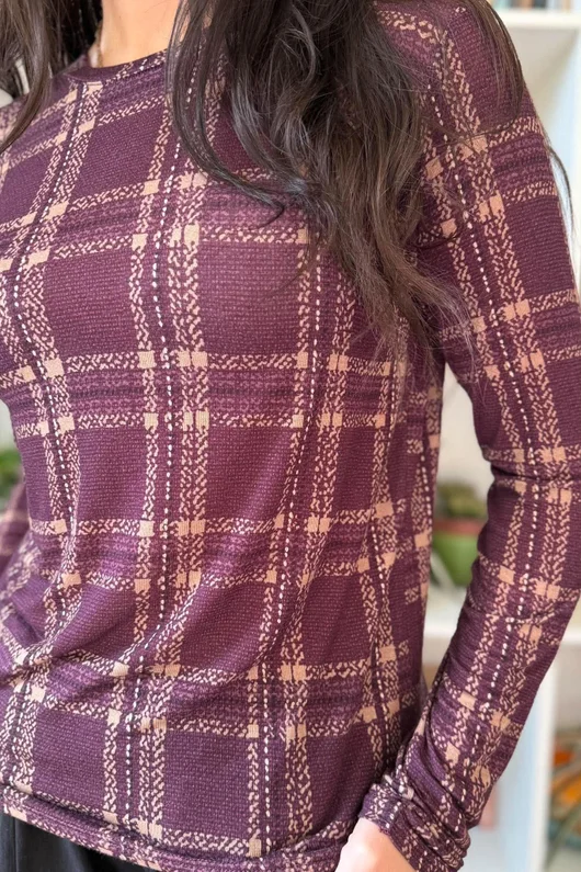 Mika Cashmere Blend Layering Top Plaid Aubergine