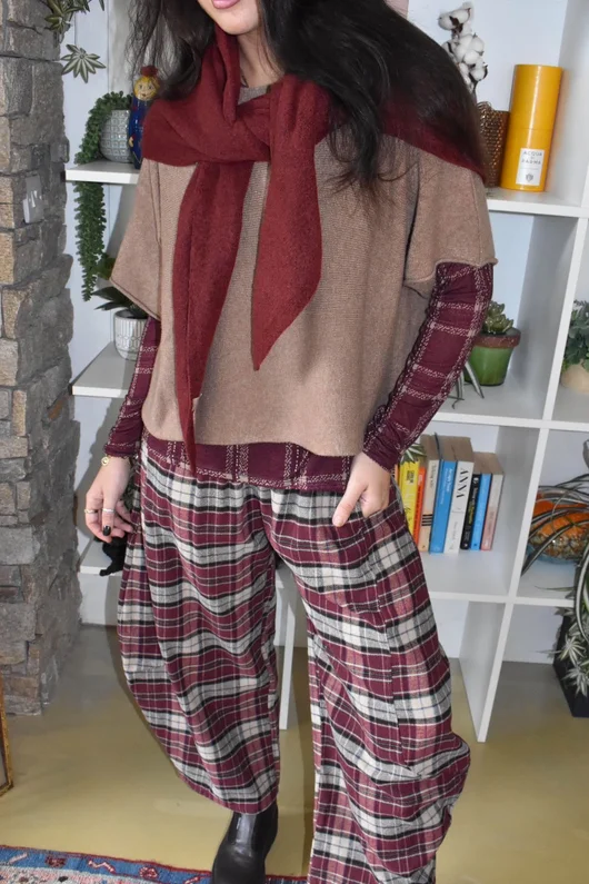 Mika Cashmere Blend Layering Top Plaid Burgundy