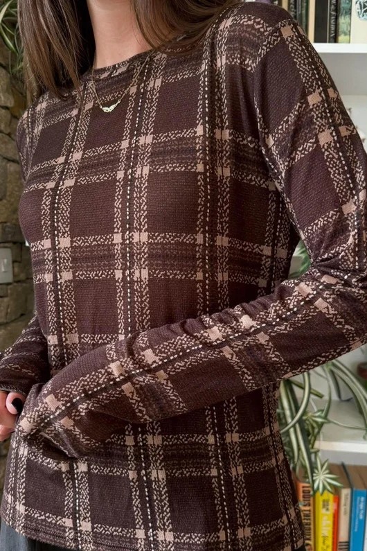 Mika Cashmere Blend Layering Top Plaid Chocolate