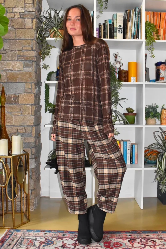 Mika Cashmere Blend Layering Top Plaid Chocolate