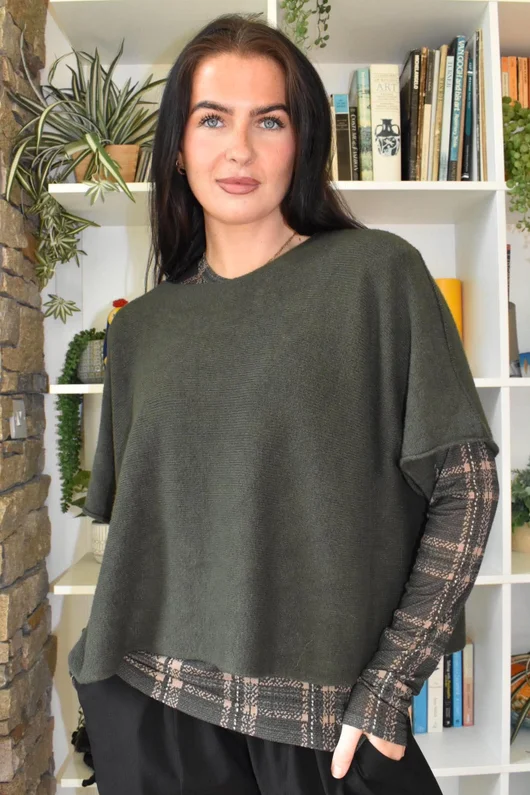 Mika Cashmere Blend Layering Top Plaid Khaki