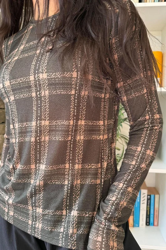 Mika Cashmere Blend Layering Top Plaid Khaki