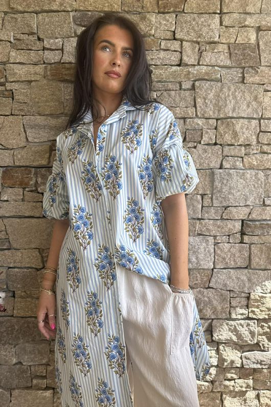 Mika Flower & Stripe Duster Shirt Baby Blue