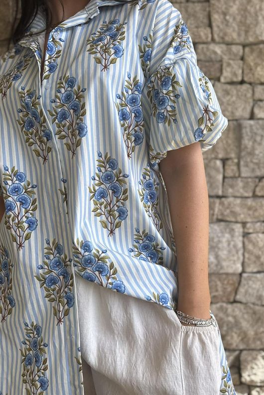 Mika Flower & Stripe Duster Shirt Baby Blue