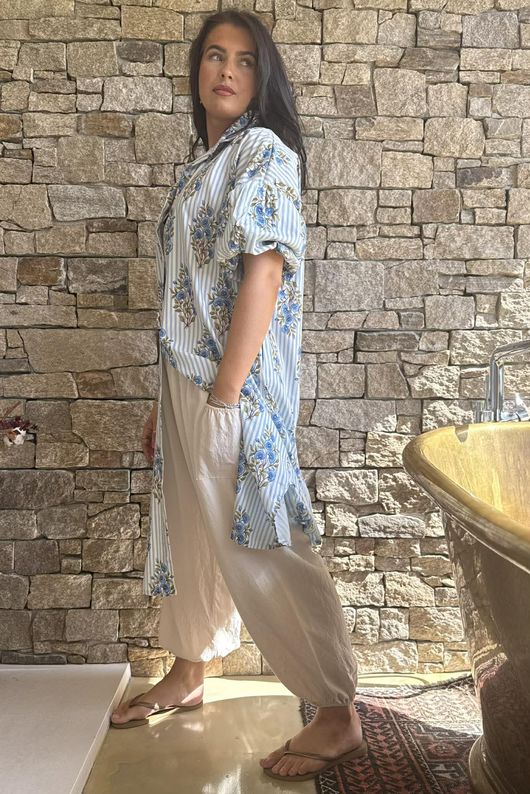 Mika Flower & Stripe Duster Shirt Baby Blue