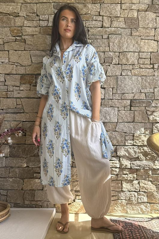 Mika Flower & Stripe Duster Shirt Baby Blue