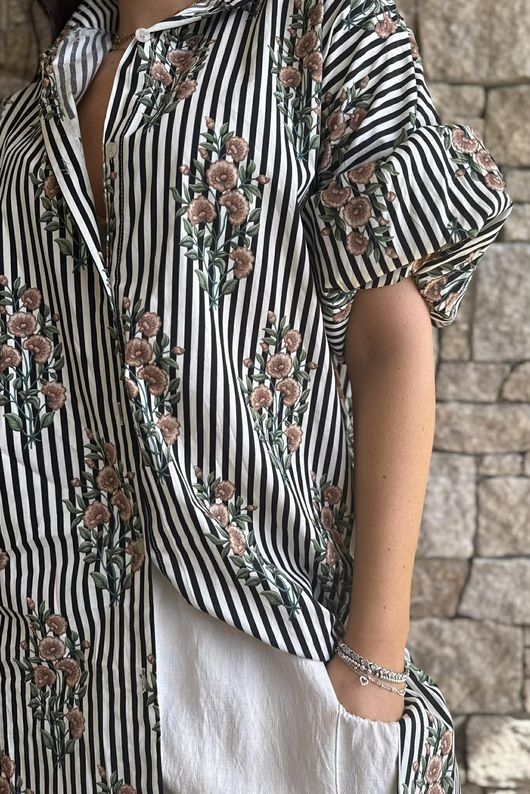Mika Flower & Stripe Duster Shirt Black 