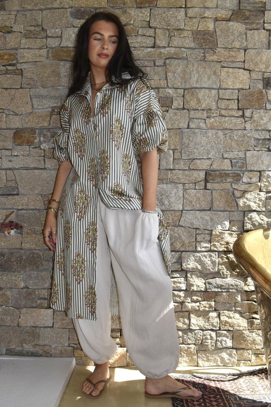 Mika Flower & Stripe Duster Shirt Khaki