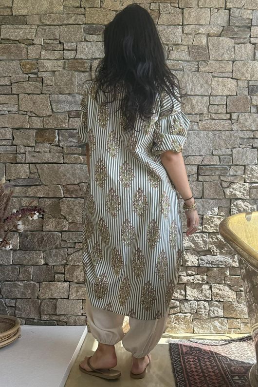 Mika Flower & Stripe Duster Shirt Khaki