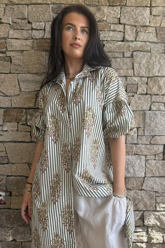 Mika Flower & Stripe Duster Shirt Khaki