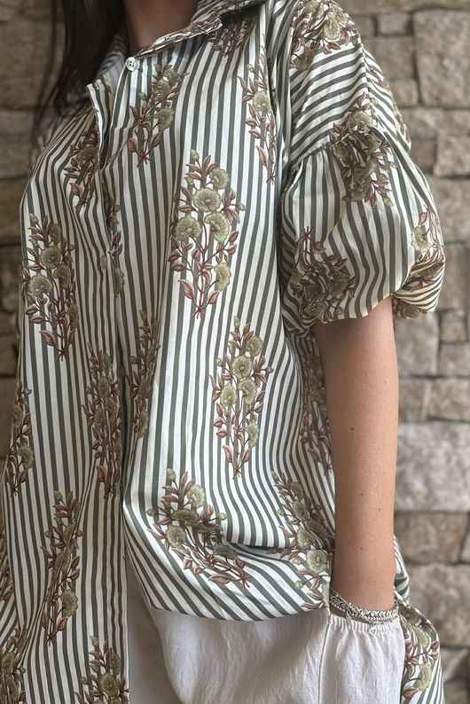 Mika Flower & Stripe Duster Shirt Khaki